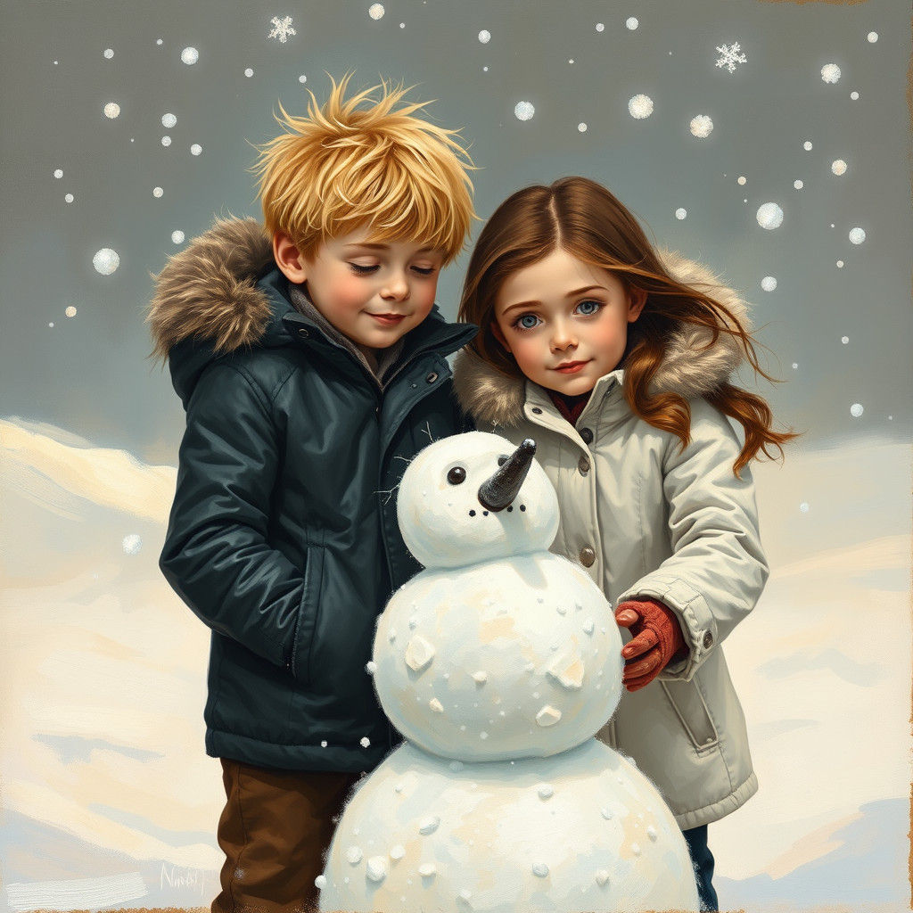Winter Wonderland Scene with Snowman Building