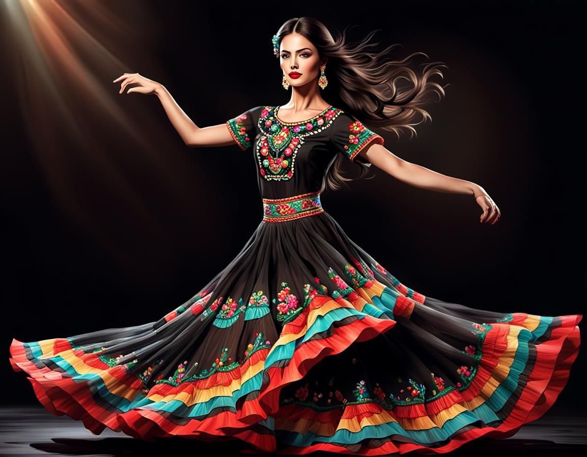 Brunette Dancer in Floating Mexican Dress