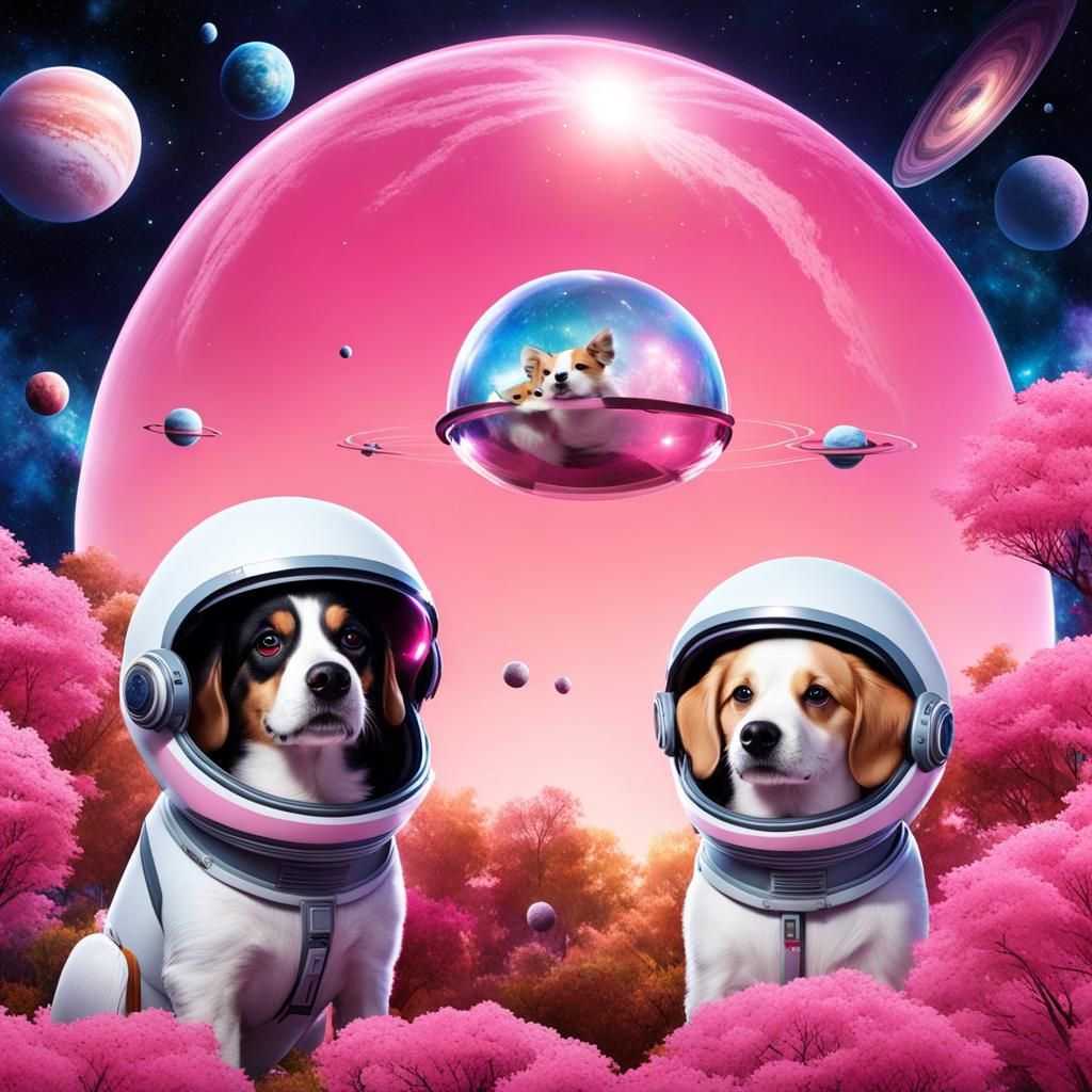 Dogs in Space on Planet with Pink Trees