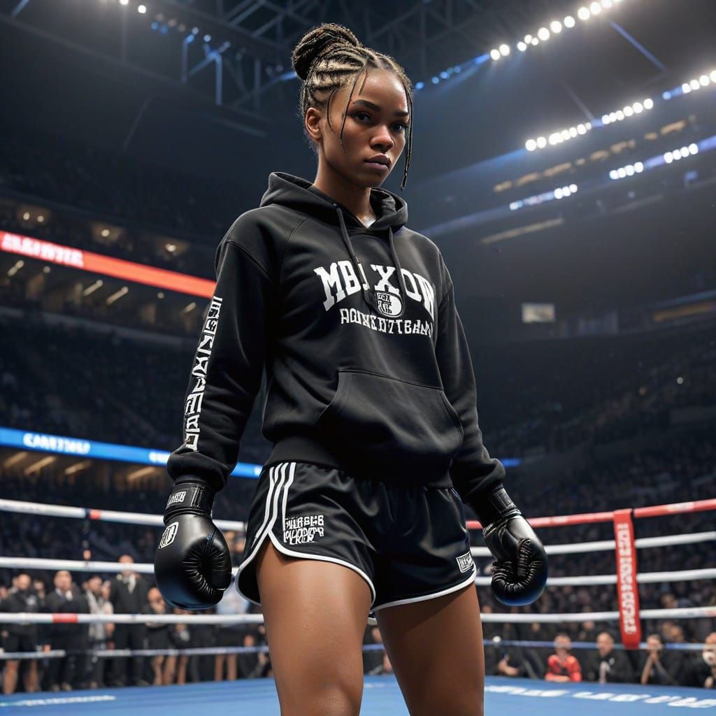 Black Female Boxer Enters the Ring with Braided Hair and Box...