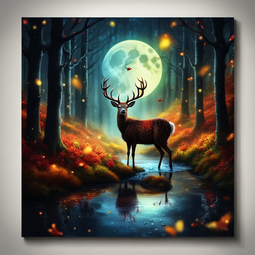 Deer in Autumn Forest Under Full Moon, Dark Fantasy Art