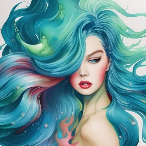 Fluid Teal Hair in Liquid Gouache Painting