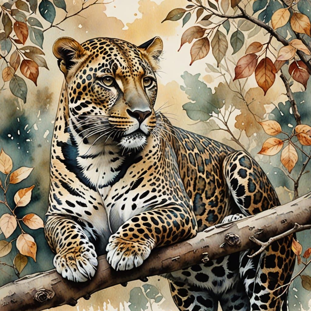 watercolor vintage style Leopard on a branch. Mixed media with muted coloured trees, leaves twigs and petals, Elegance.....