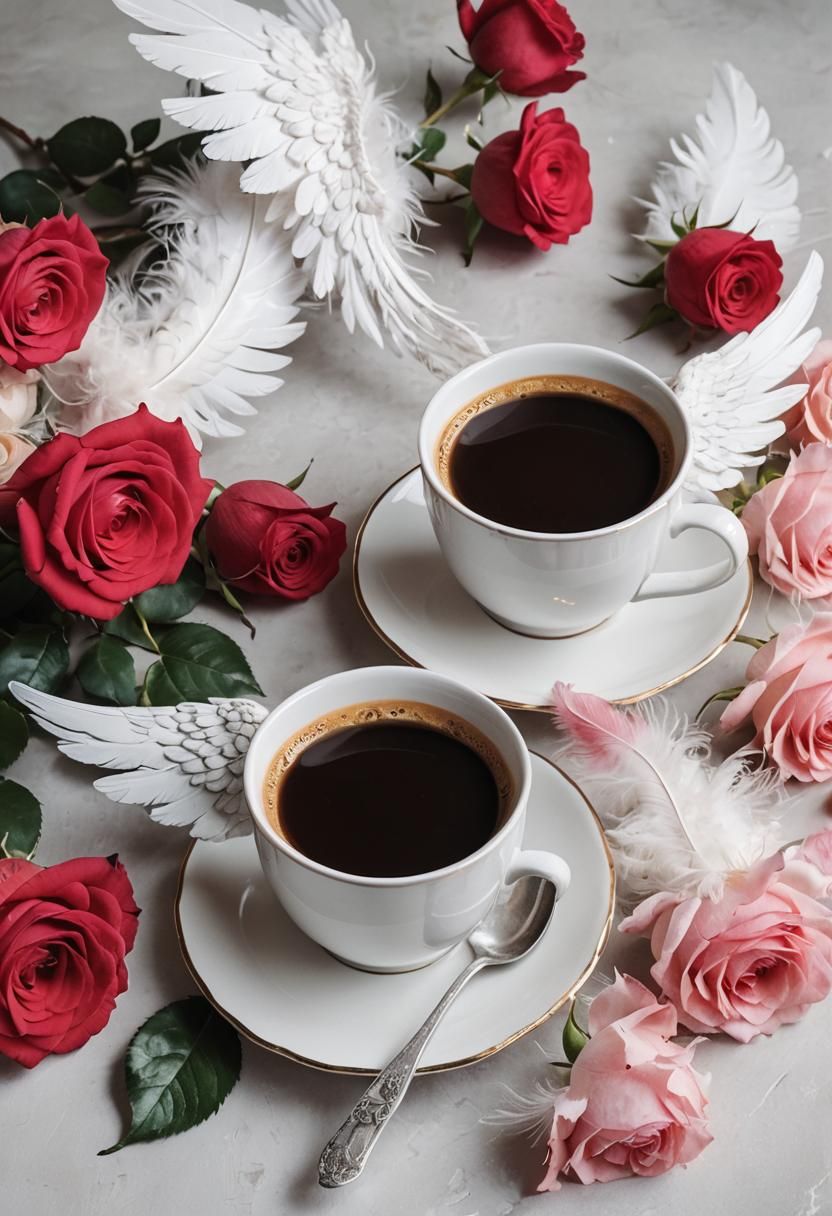 Ethereal Espresso Still Life with Roses and Angel Wings
