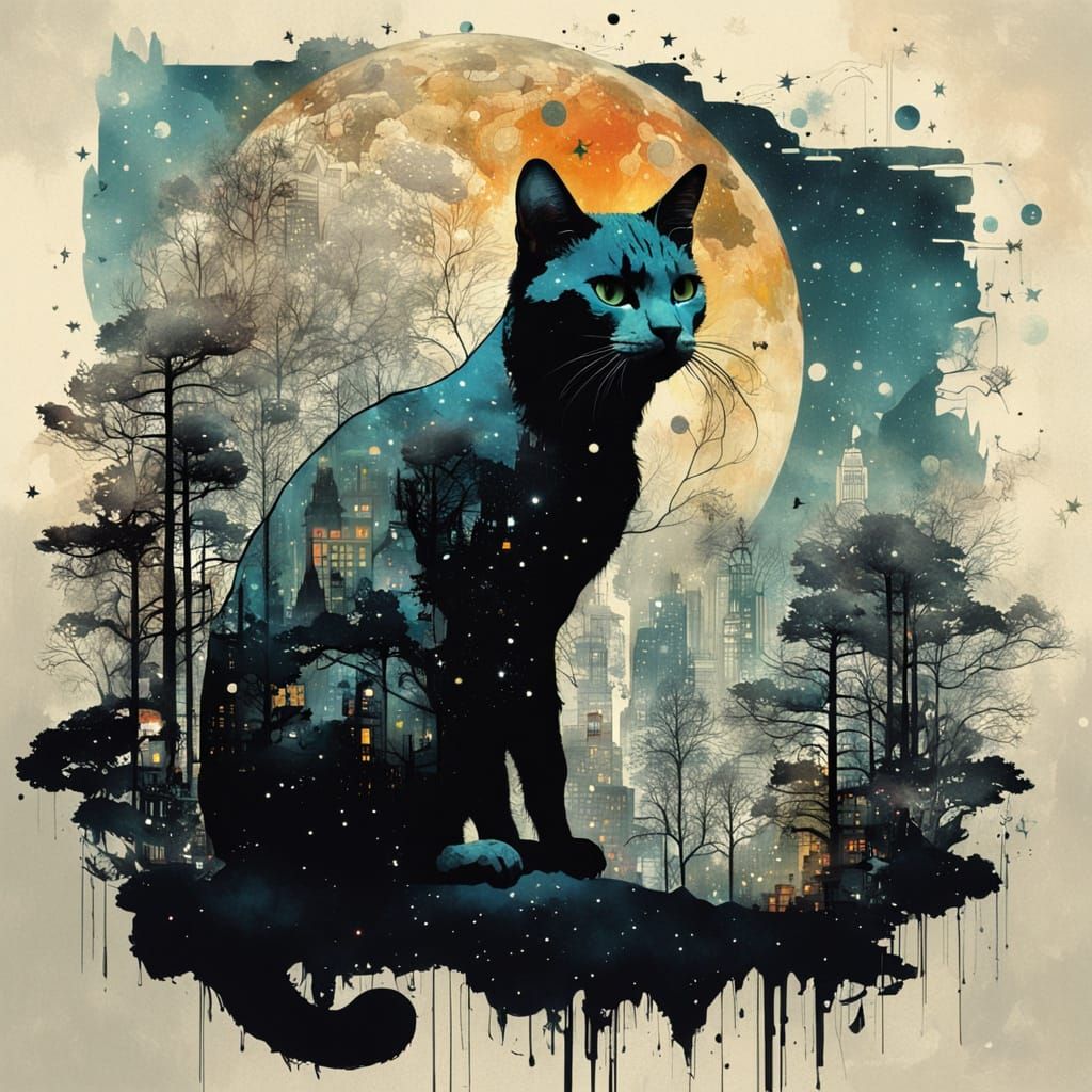 Surreal Double Exposure Cat in a Cosmic Landscape
