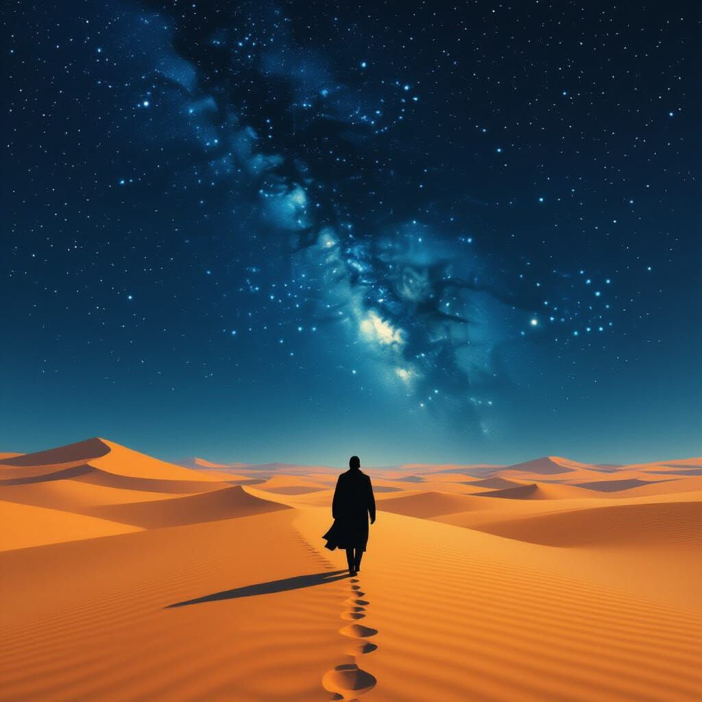 Solitary Figure in Surreal Desert Landscape Under Starry Sky