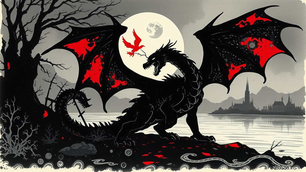 Steampunk Dragon Silhouette in Ink Painting Style