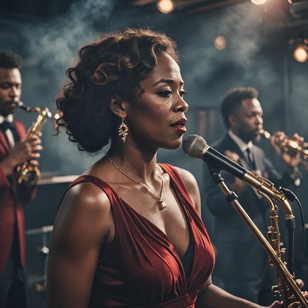 Jazz Singer in Red Dress, Atmospheric Ship Portrait