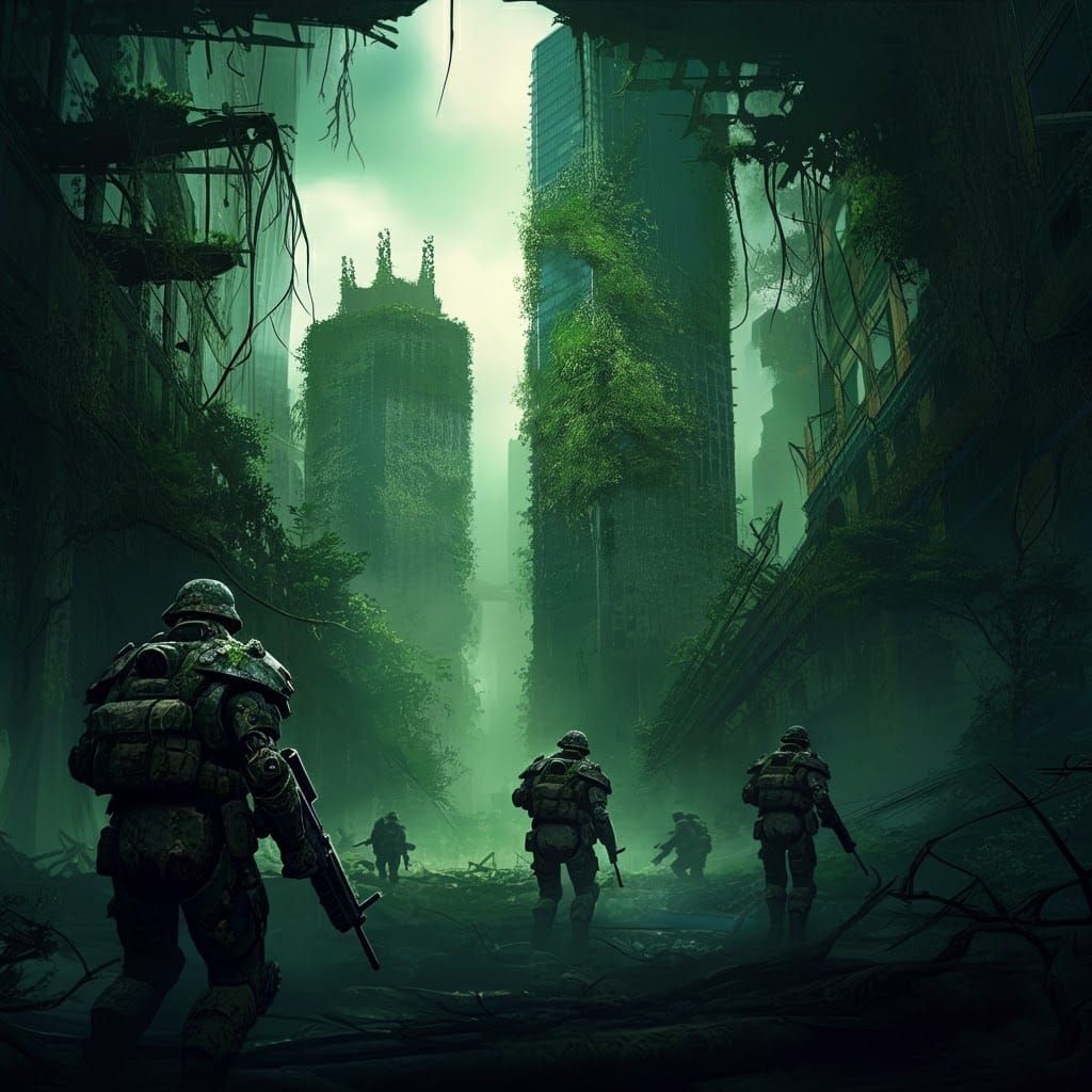 Post-Apocalyptic Dallas Rainforest in Gritty Art Nouveau Sty...