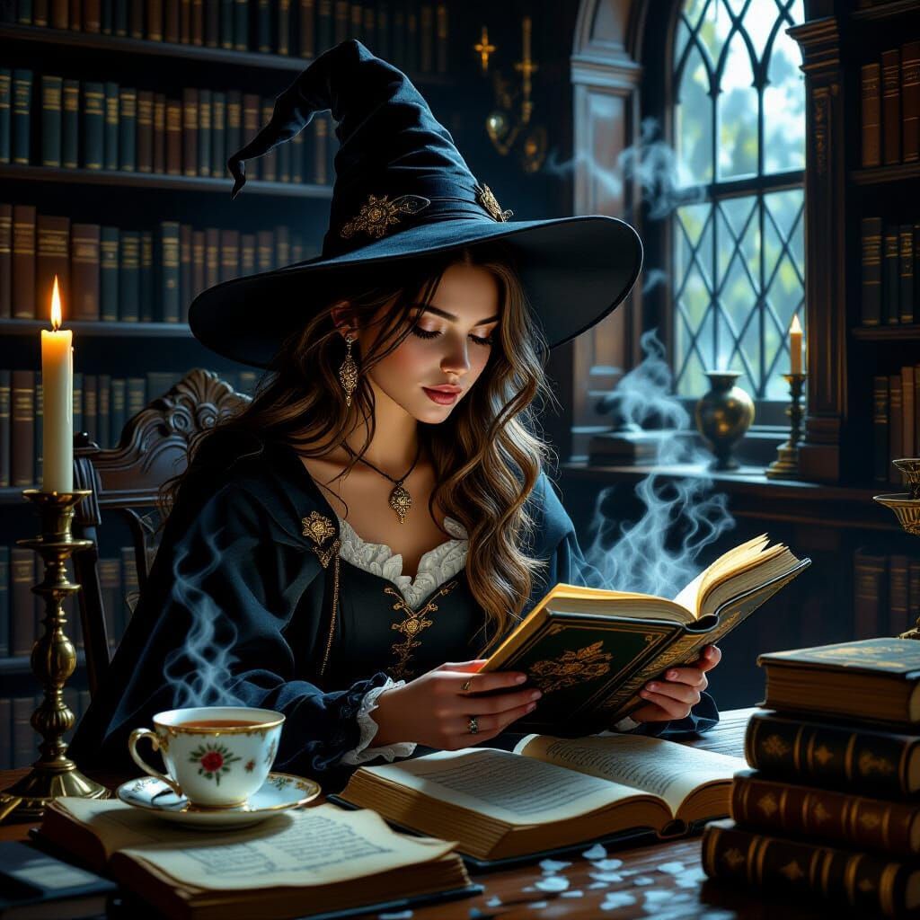 Young Witch in Candlelit Library: Dark Academia