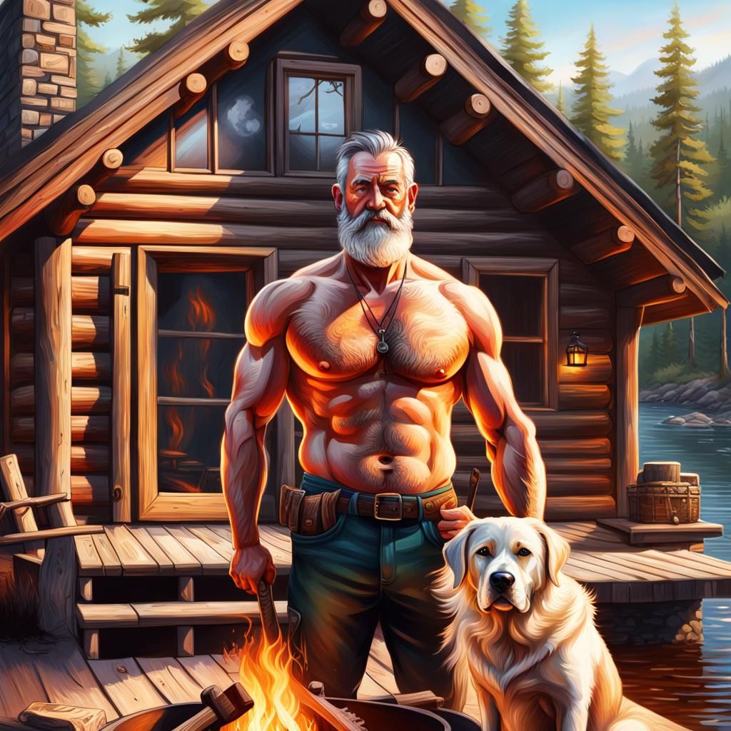 Lumberjack and Dog at Cabin: Hyperrealistic Concept Art