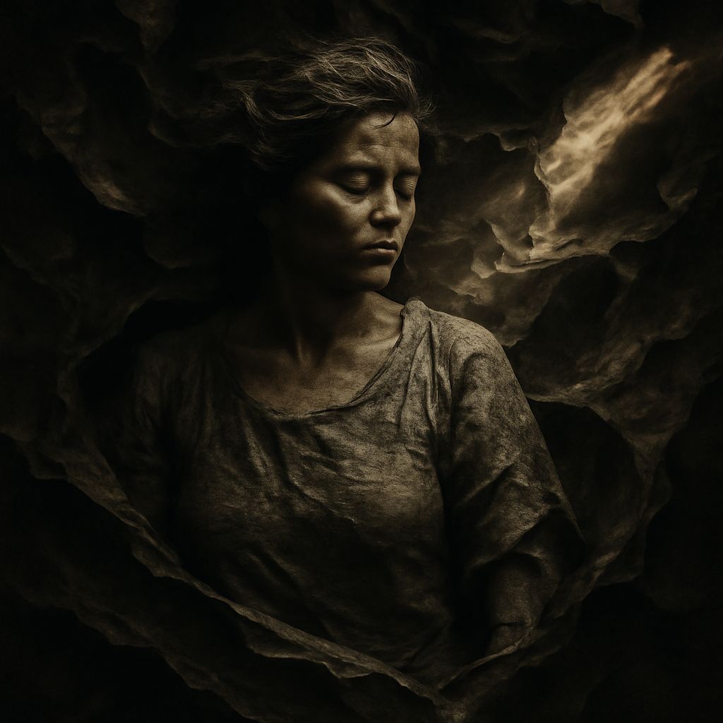 deep shadows torn from the fabric of universe dark arts with broken simple homely plain ordinary everyday woman dream of...