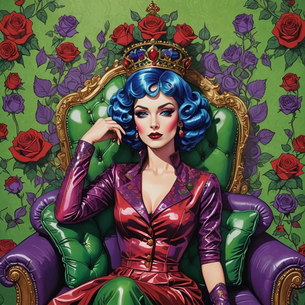 Pop Art Woman with Red Roses and Latex Outfit