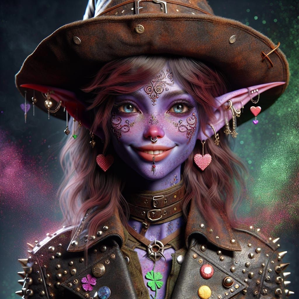 Purple Elf Sorcerer with Clover Tattoo, Ultra-Realistic