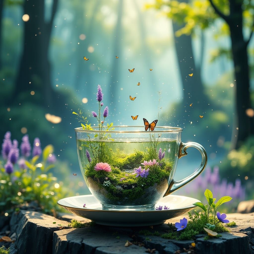 Enchanting Teacup Garden with Butterflies and Forest Backgro...