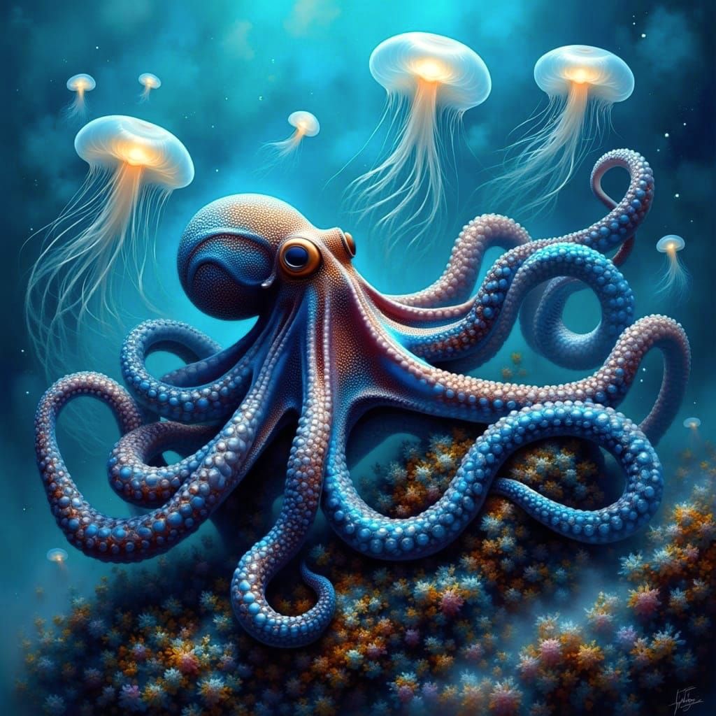 Turquoise Depths with Majestic Octopus and Jellyfish