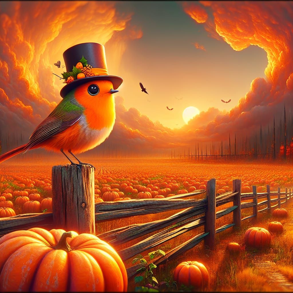 Halloween Bird in Pumpkin Patch: Digital Matte Painting