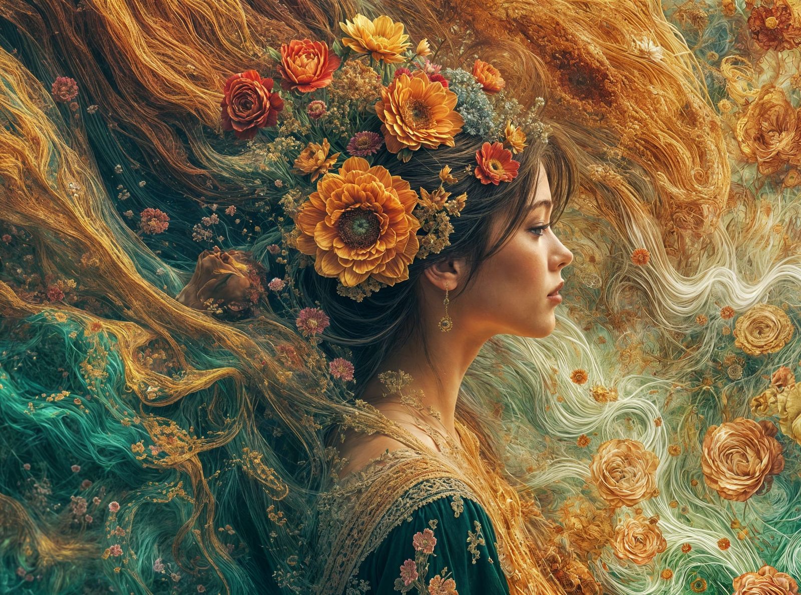 Psychedelic Woman Portrait with Floral Hair