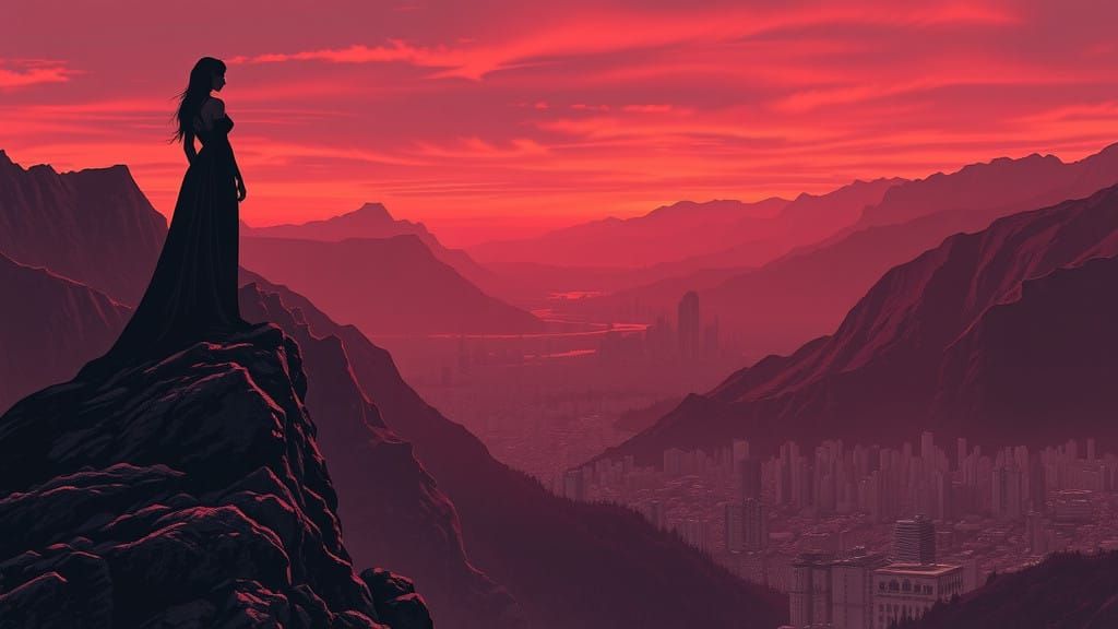 Majestic Woman Stands at Mountain Range Edge in Dramatic Mar...