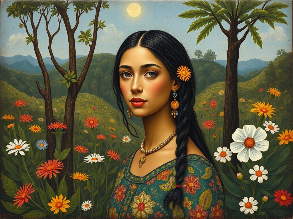 Exotic Orientalist Portrait in a Whimsical Floral Forest