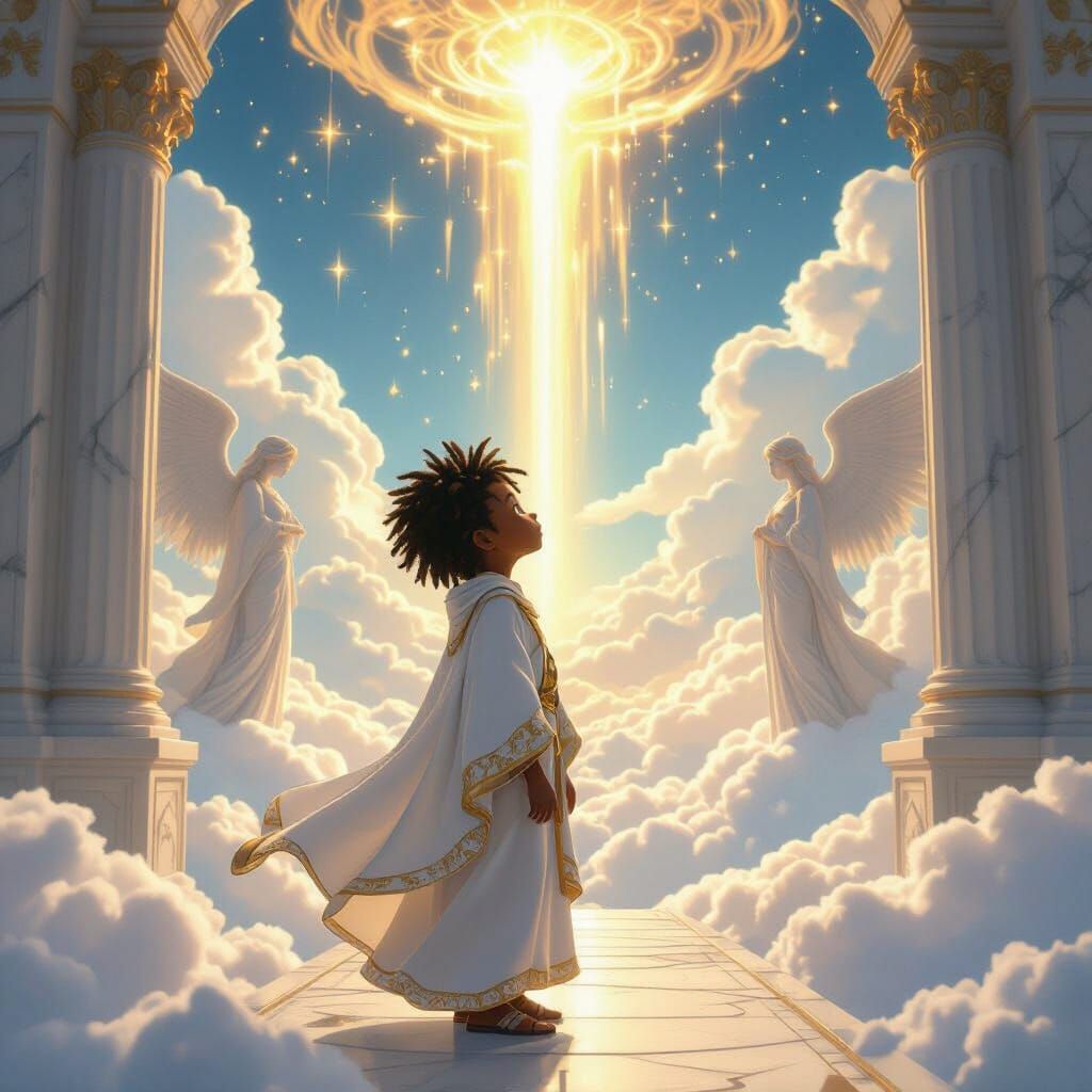 Boy in Ethereal Robes Gazing at Divine Light, in 3D Anime St...