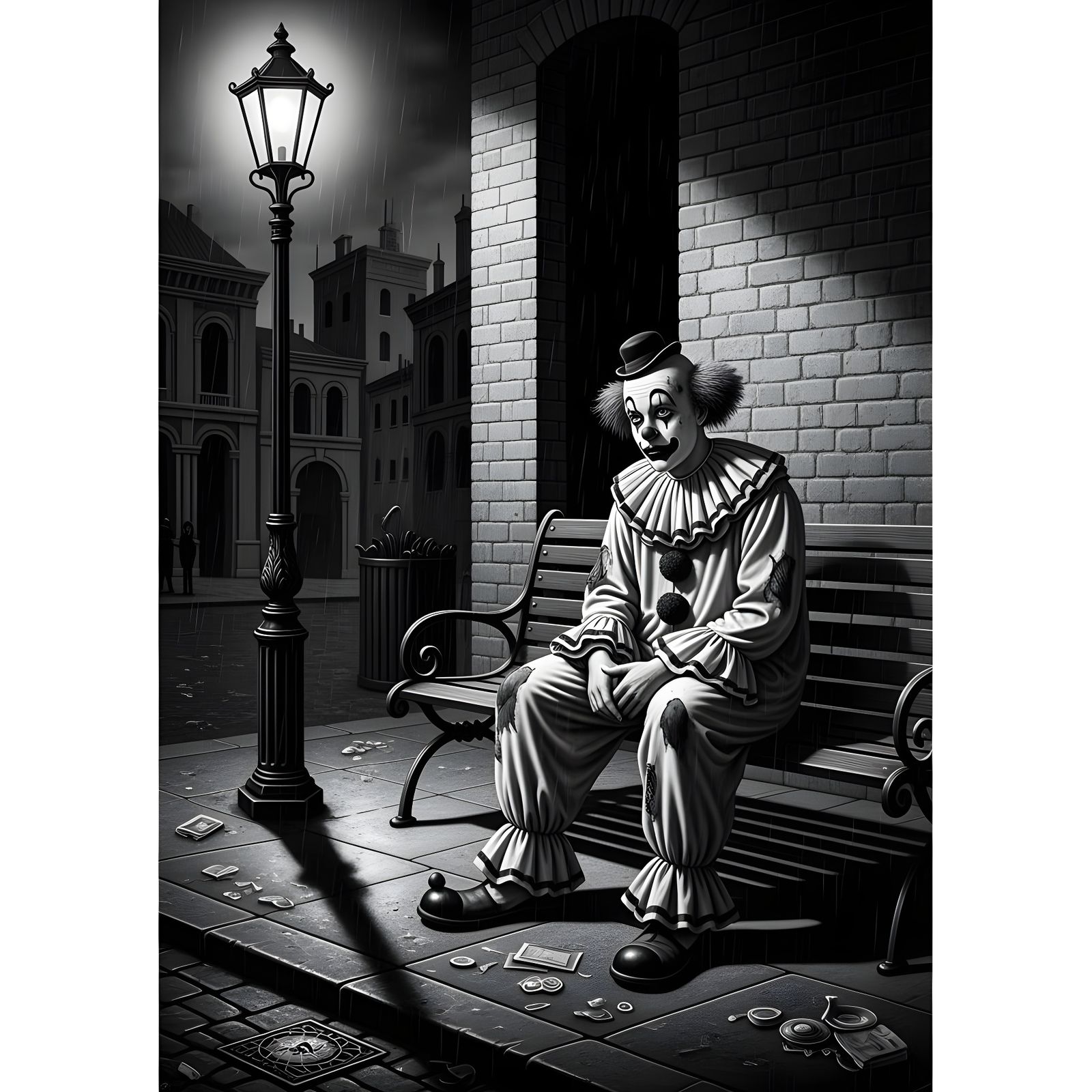 Melancholy Clown on Rainy Street in Black and White