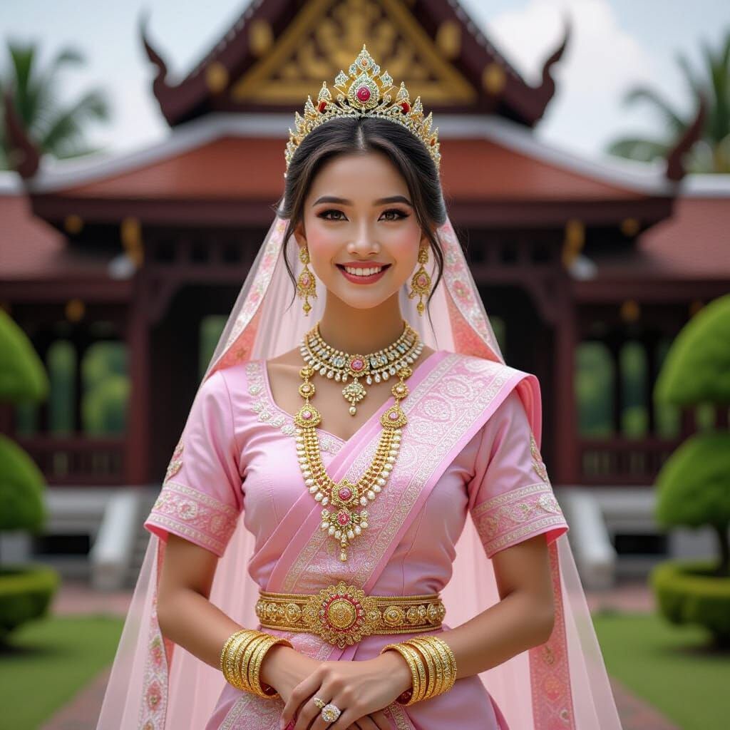 Thai Bride in Pink Bridal Costume with Elaborate Jewelry