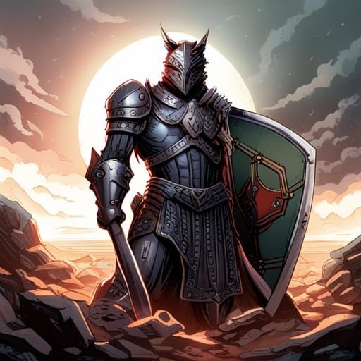 Gothic Black Knight in Wolf Armor Comic Art