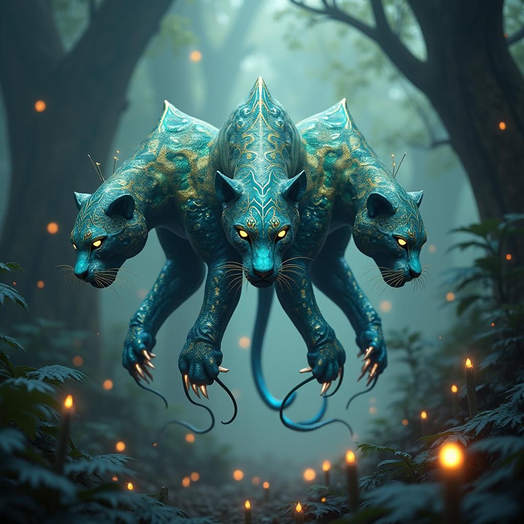 Three-Headed Jaguar with Wings and Tentacles in Forest