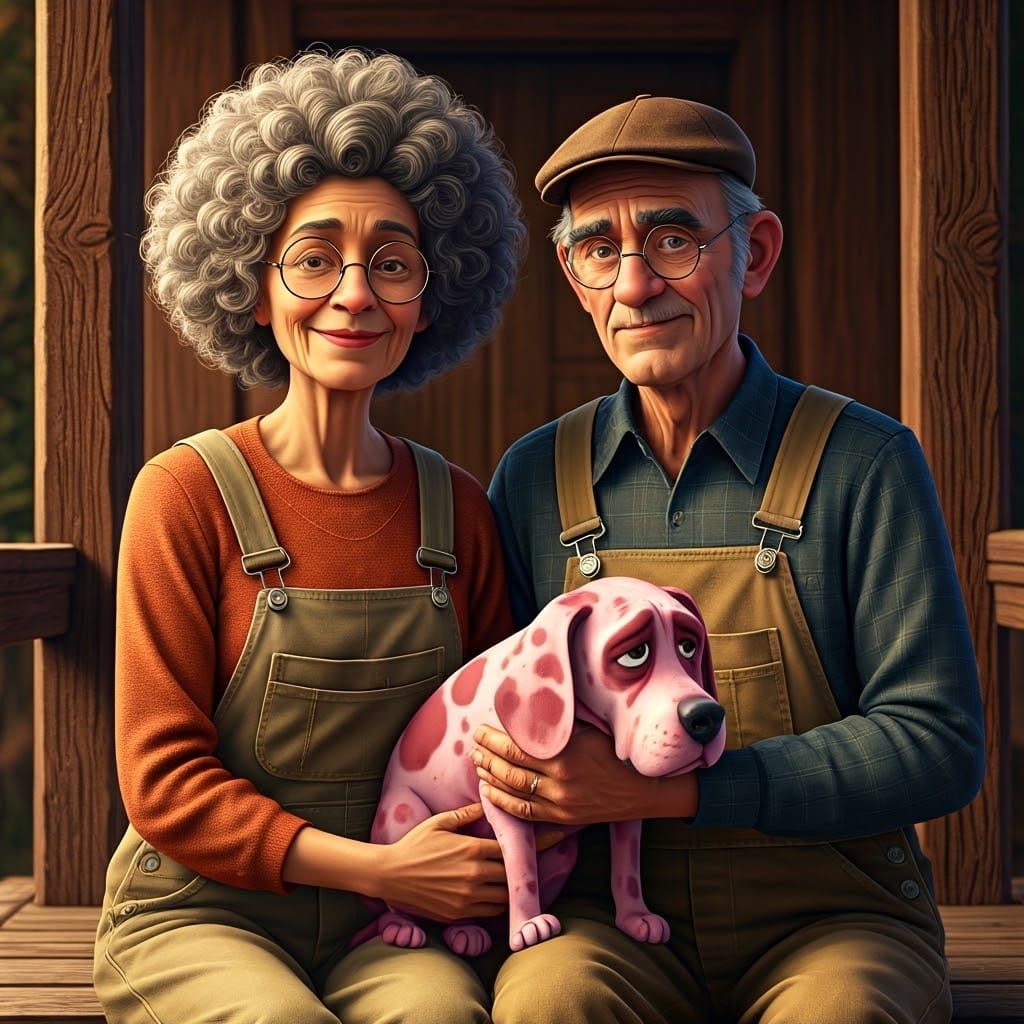 Elderly Couple with Pink Dog on Rustic Porch