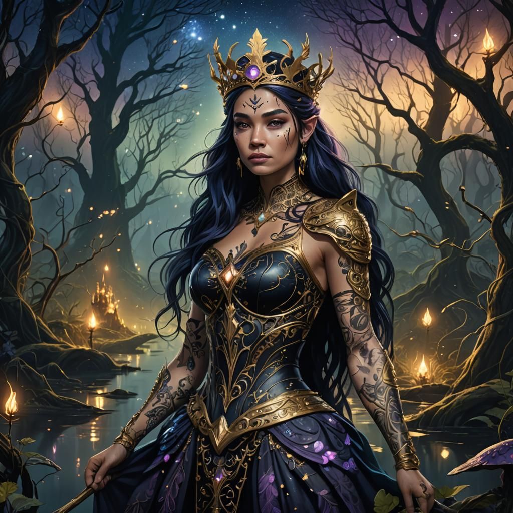 Tattooed Warrior Princess in Magical Swamp Forest