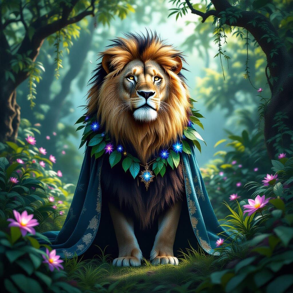 Starlight Lion in Jungle Clearing, Wildlife Art