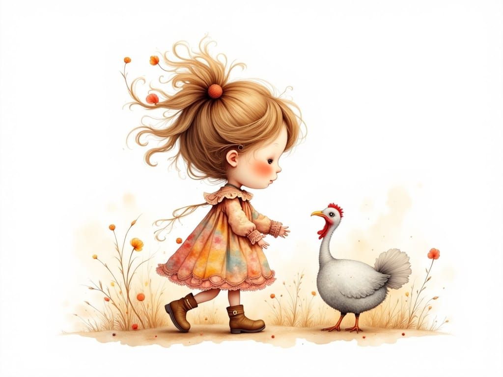 Chibi Girl in Holly Hobbie Style Walks Pet Turkey
