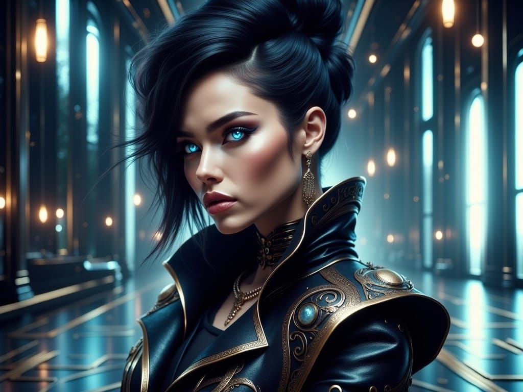 Sleek, High-Fashion Woman with Electric Blue Laser Eyes in L...