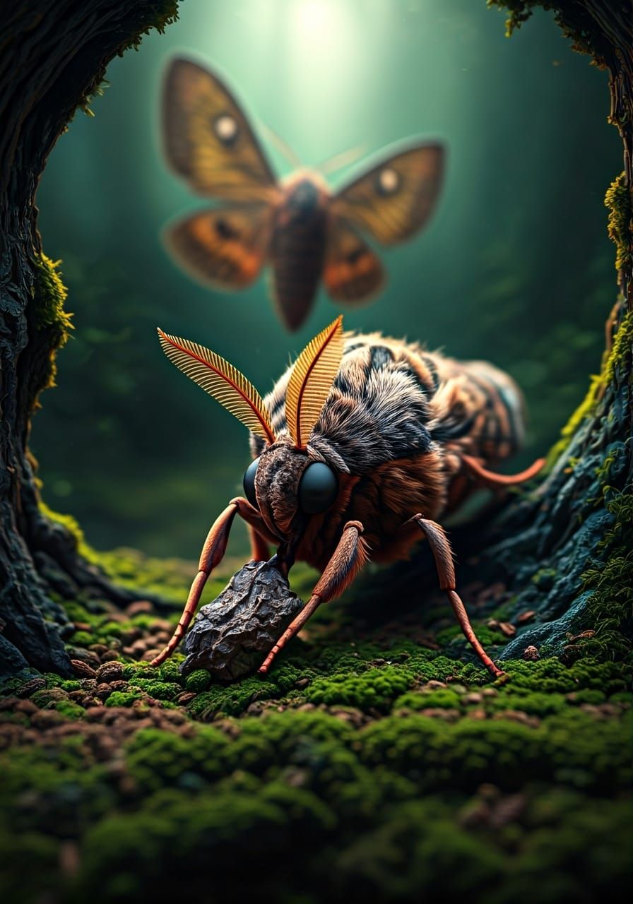 Death's Head Moths in Emerald Forest, Detailed Close-Up