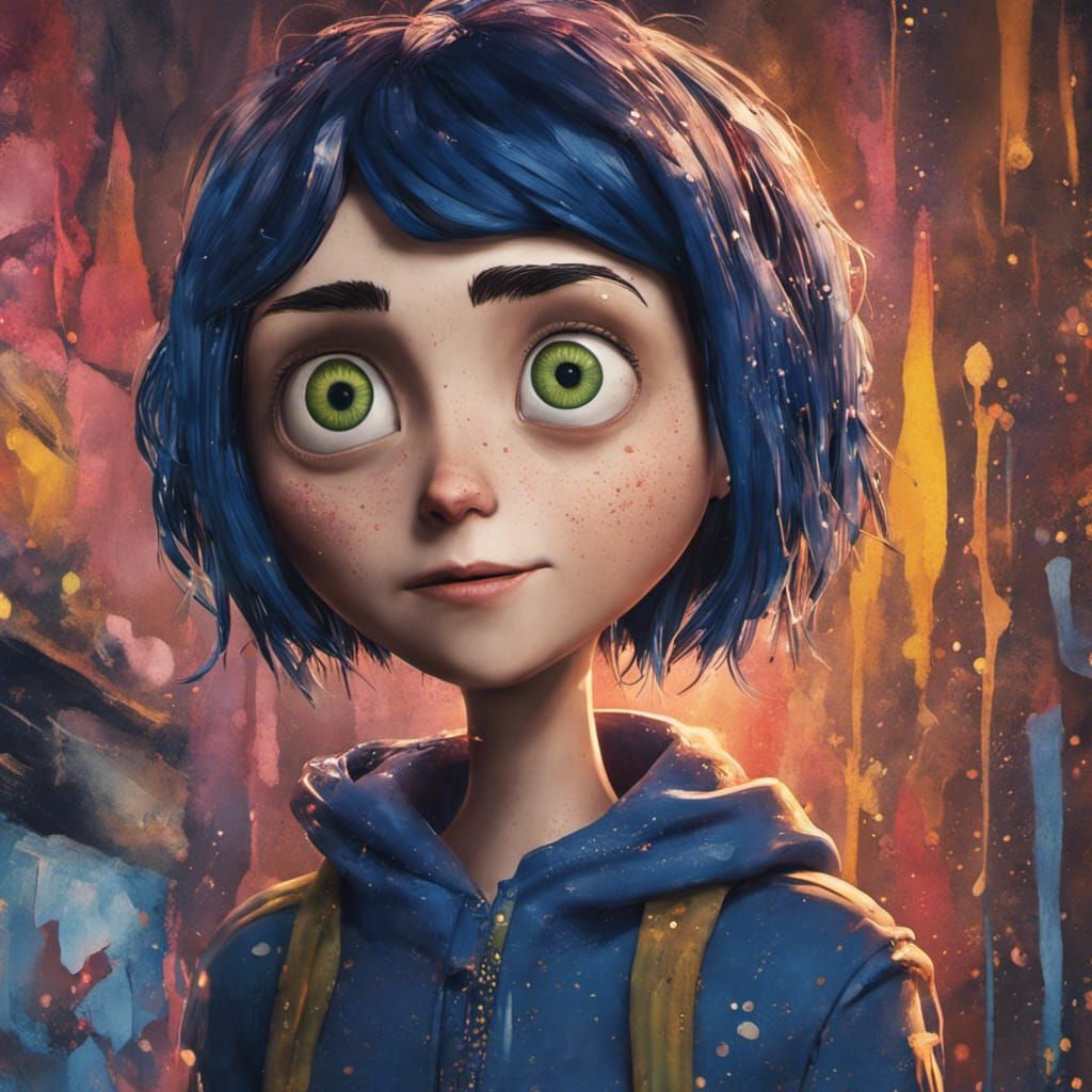 Hyperrealistic Coraline Portrait with Colorful Accents
