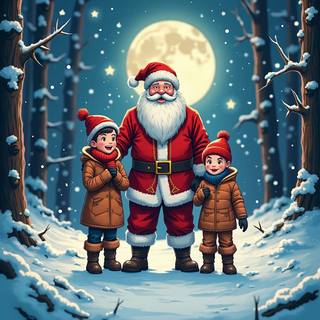 Brothers' Adventure with Santa in Anime Style