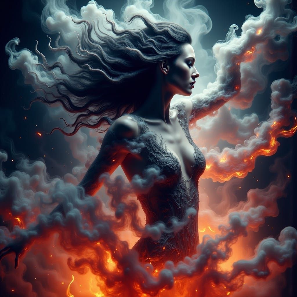 Ethereal Smoke Maiden in a Fiery Inferno