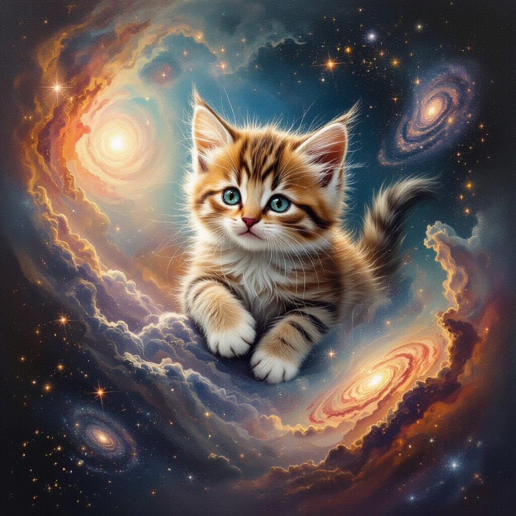 Whimsical Kitten Emerges from Cosmic Nebula