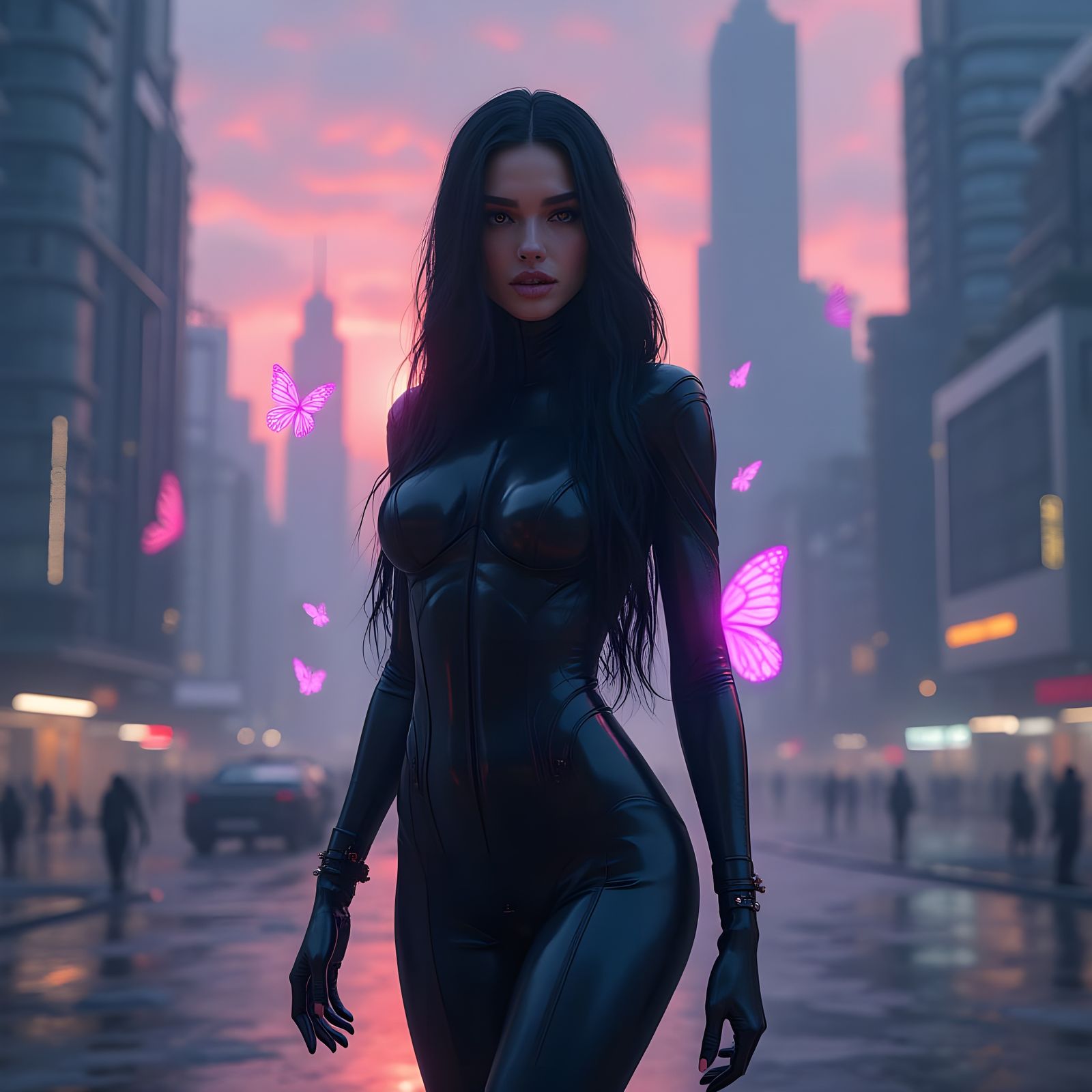 Statuesque Woman in Futuristic Cityscape: Digital Painting