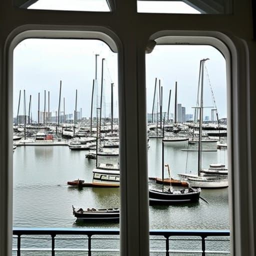 Old Window View of Busy Tall Ships Harbor