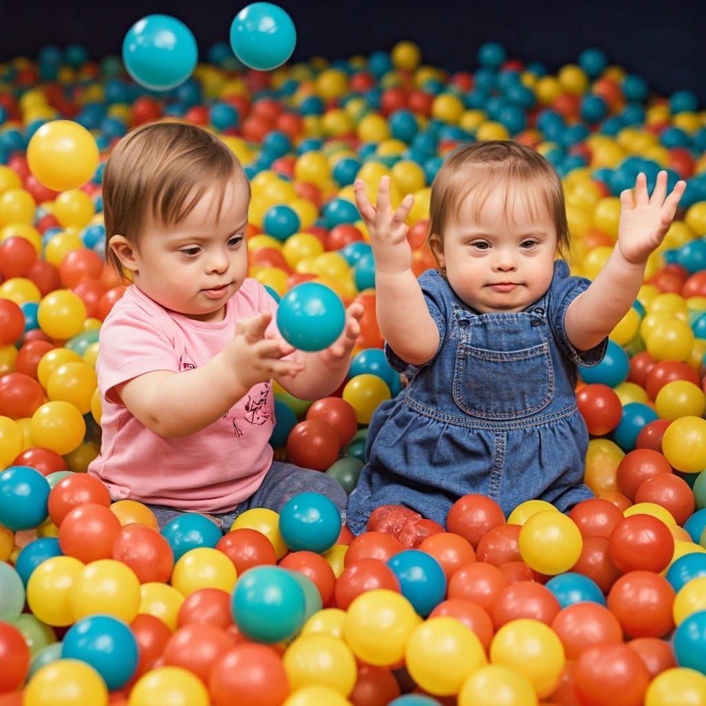 Joyful Down Syndrome Babies Play in Colorful Ball Pool
