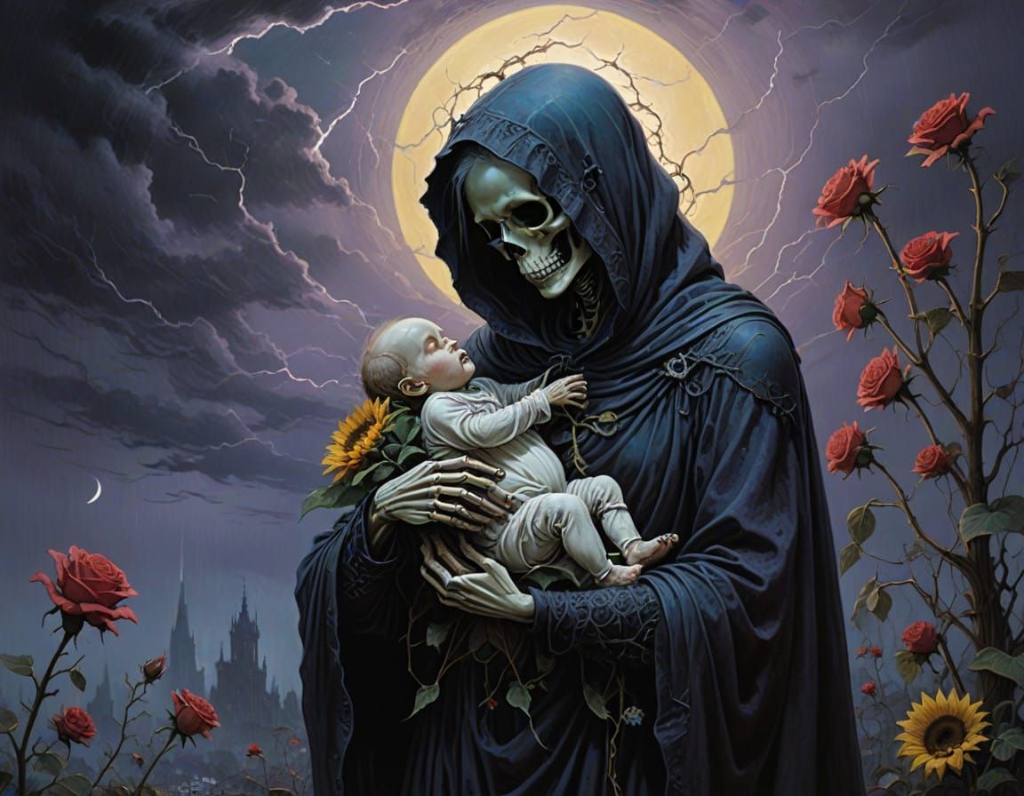 Skeletal Guardian Cradles Cherubic Life in Iridescent Light