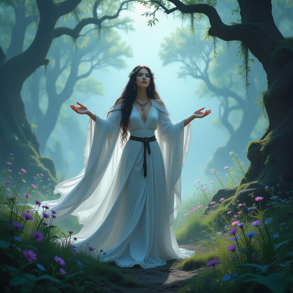 Druidess Communion in Dark Fantasy Forest