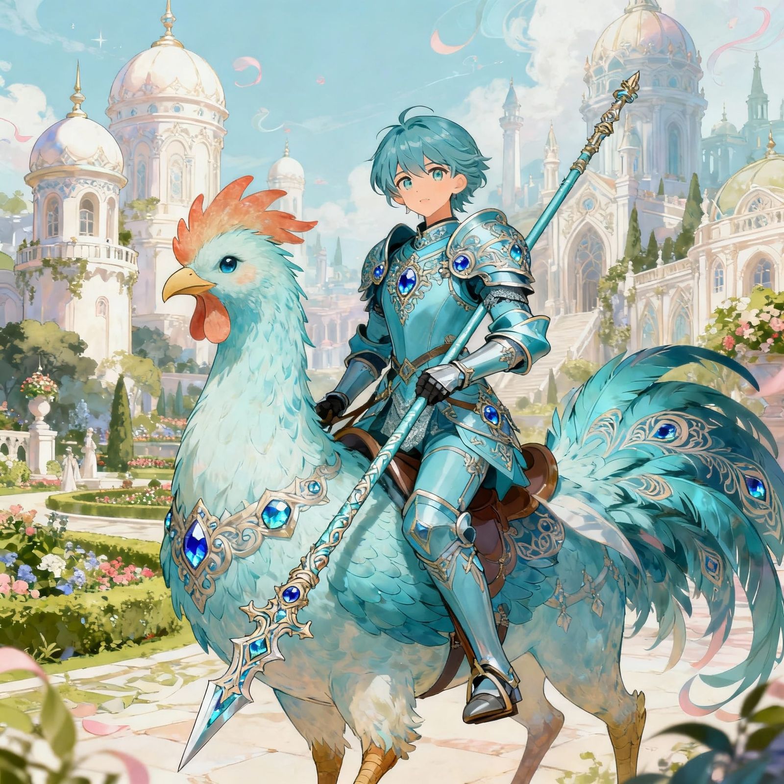 Shoujo Anime Knight Rides Chocobo in Fantasy City
