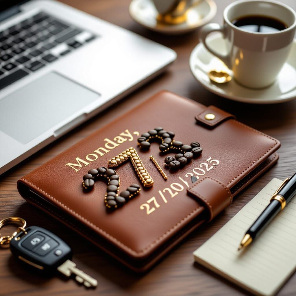 Luxury Macro Photo of Leather Planner with Object Date