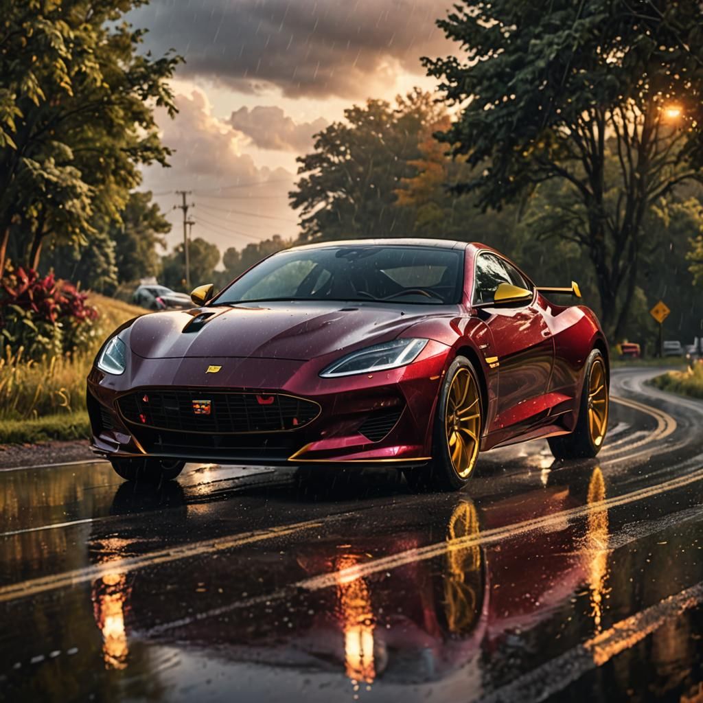 Futuristic Car Speeds Down Rainy Country Road