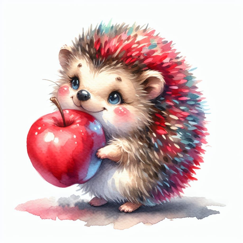 Charming Watercolor of a Smiling Hedgehog with Bright Red Ap...