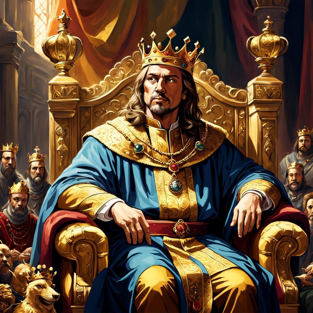 Opulent King on Throne Surrounded by Riches