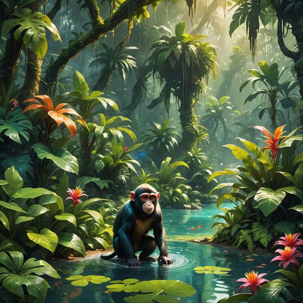 Monkey in Poisonous Tropical Rainforest: Fantasy Art